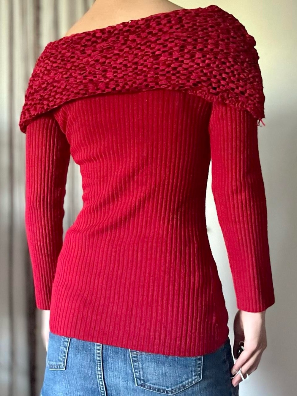 BCX Red Off-Shoulder Ribbed Knit Sweater - Picture 3 of 4